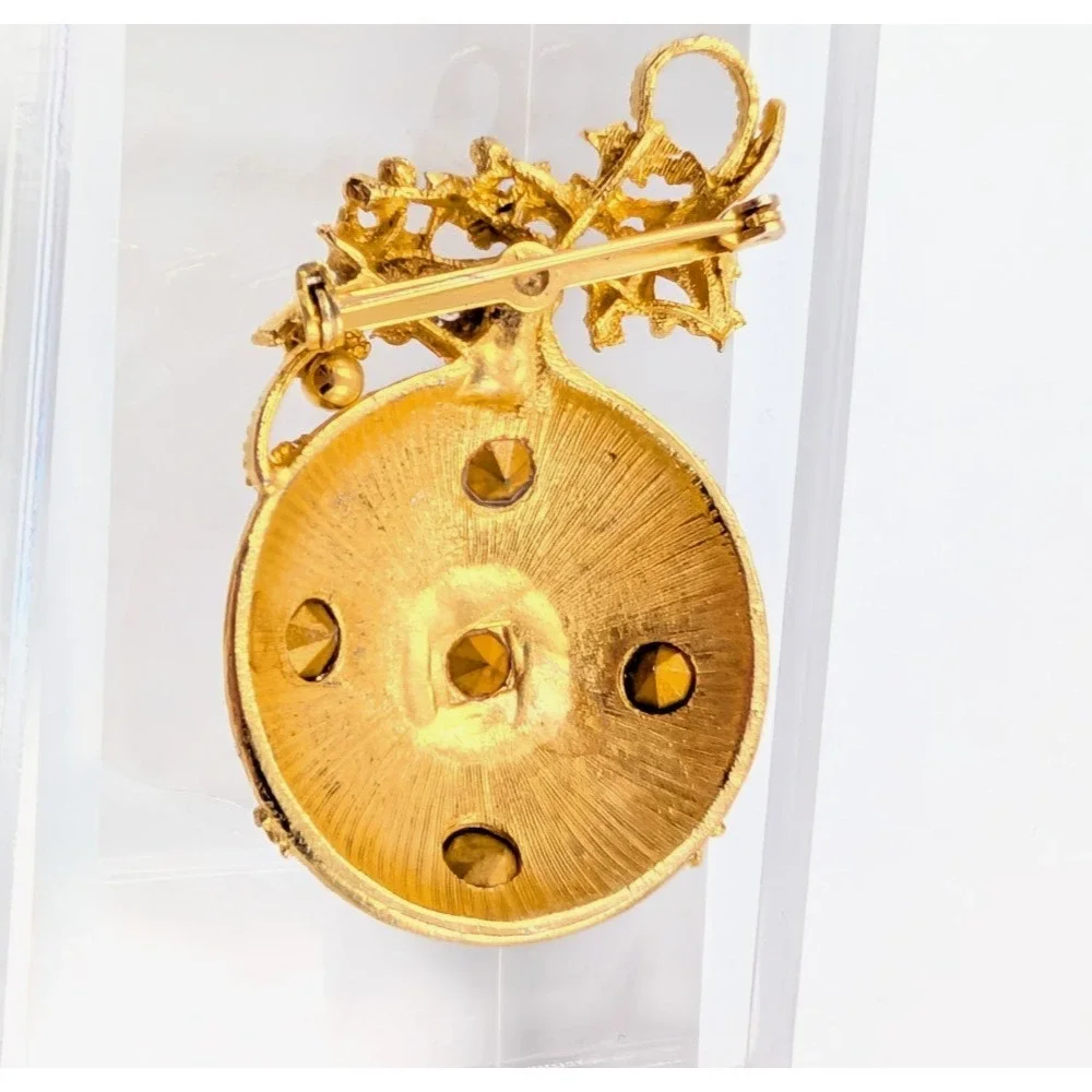 Vintage Gold Tone Ornament Brooch Rhinestone Christmas‎ Ball Statement Piece